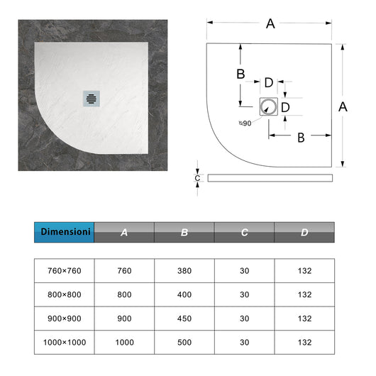 Piatto Doccia Semicircolare Bianco 90x90x3 cm in Minerale e Mesina Mista Effetto Ardesia Ruvido Piletta e Tubo inclusi
