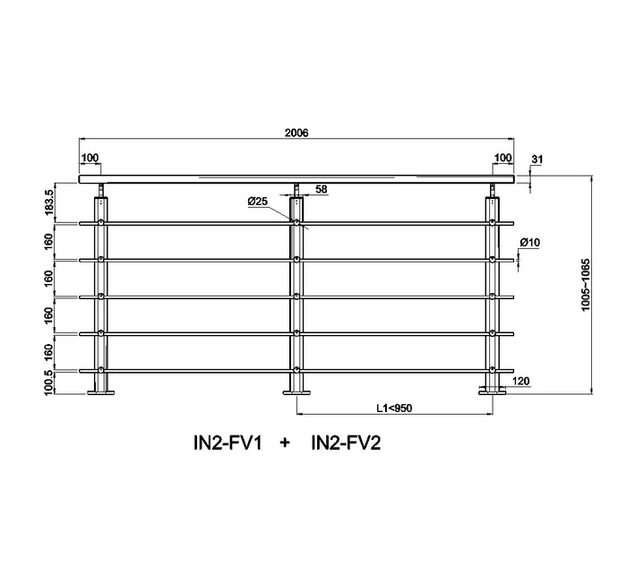 Ringhiera Parapetto in Alluminio Nero Opaco 200x100cm per interni ed esterni a Fissaggio a Pavimento
