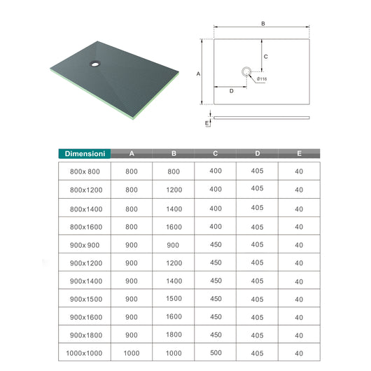 Piatto Doccia Pronto da Piastrellare in Estruso Rigida Polistirene Tagliabile Isolamento per Bagno Dimensione 80x80X4 cm Sifone Piletta e Tubo inclusi