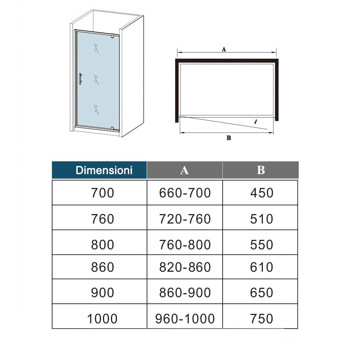 185 cm Box Doccia per Nicchia Porta Girevole Battente Vetro Temperato 5 mm Trasparente  Profili Cromati Lucidi Misura 76 cm