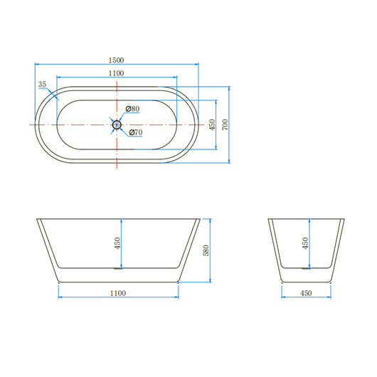 Vasca da Bagno a Isola 150x70x58 cm Vasca da Bagno Freestanding in Acrilico Bianco Ovale