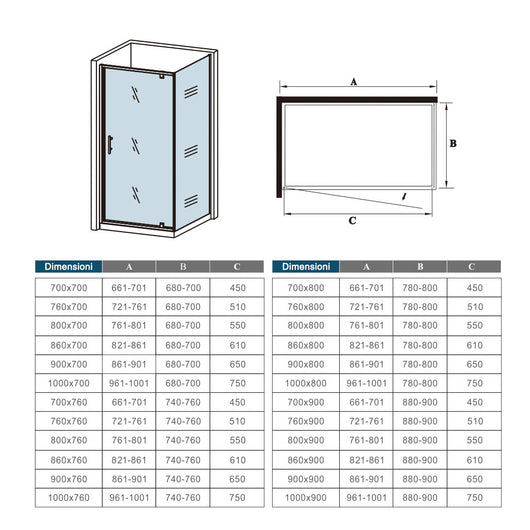 185cm Box Doccia Angolare Porta Girevole Battente con Parete Fissa 90x70cm in Vetro Temperato Trasparente 5 mm Profilo Cromo Lucido