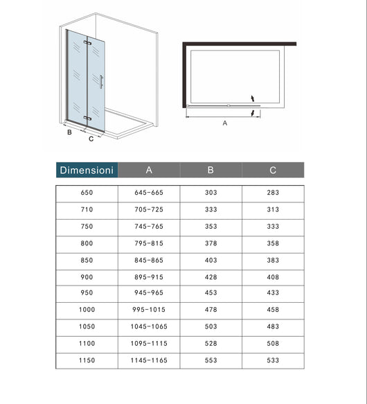 Walk in Parete Doccia Movibile 2 Pannelli Pieghevoli a Libro 90x195 cm in Vetro 6 mm Trasparente Temperato Anticalcare Telaio Cromato Lucido