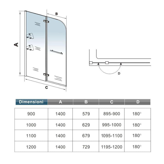 90x140 cm Sopravasca Parete Doccia Per Vasca Girevole Vetro Temperato 5 mm Trasparente Inclusi Due Ripiani Maniglia Portasciugamani Cromo Lucido
