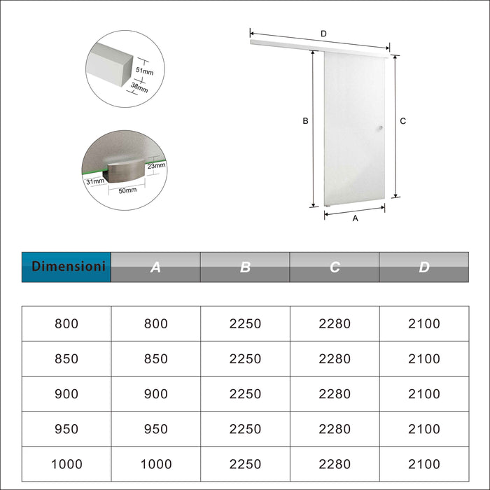 80x225 cm Porta Scorrevole in Vetro da 8 mm Temperato Opaco con Pellicola Anti-frantumi con Binario in Alluminio Bianco Verniciato