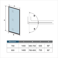 Parete Vasca Doccia 70xh.140cm Sopravasca Anta Girevole in Vetro Temperato 4 mm Trasparente con Bordo Nero Serigrafato