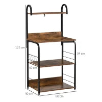 Mobiletto per Microonde a 4 Ripiani e 4 Ganci, Mobile Cucina in Acciaio e Legno 60x40x125cm, Marrone Rustico