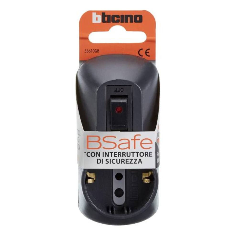 Adattatore bticino s3610gb bsafe 1 presa tedesca e 2 bipasso 10/16a grigio