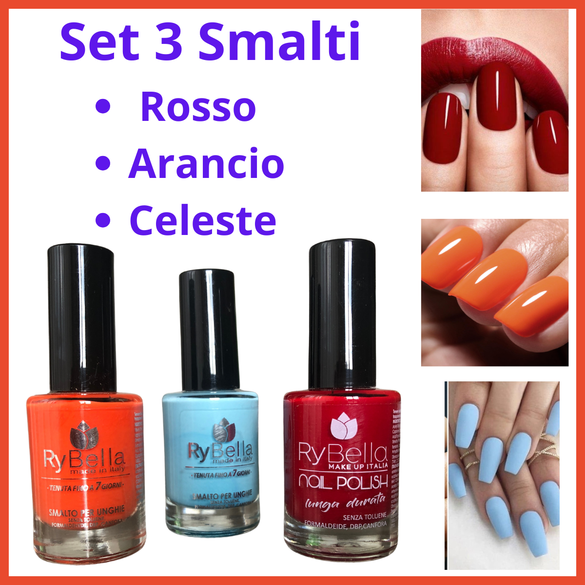 Set 3 Smalti gel semipermanente per unghie smalto rosso arancione celeste  unghia make up trucchi