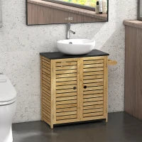 Mobile Sottolavabo Bagno con 2 Ante a Doghe, Porta Asciugamani e Intaglio a U, Legno e Nero