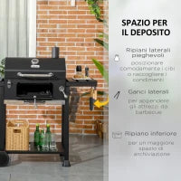 Barbecue a Carbone con Coperchio con Termometro, Griglia Regolabile, Ruote e Tavolini, Nero