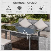Set da Giardino a 5 Pezzi in Rattan e Acciaio Grigio con 2 Divani, Tavolino e 2 Sgabelli