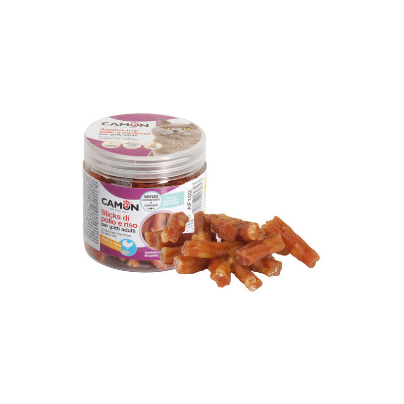 Snack per gatti Camon Stick Pollo e Riso 60g – Con taurina, senza glutine, 6 pezzi