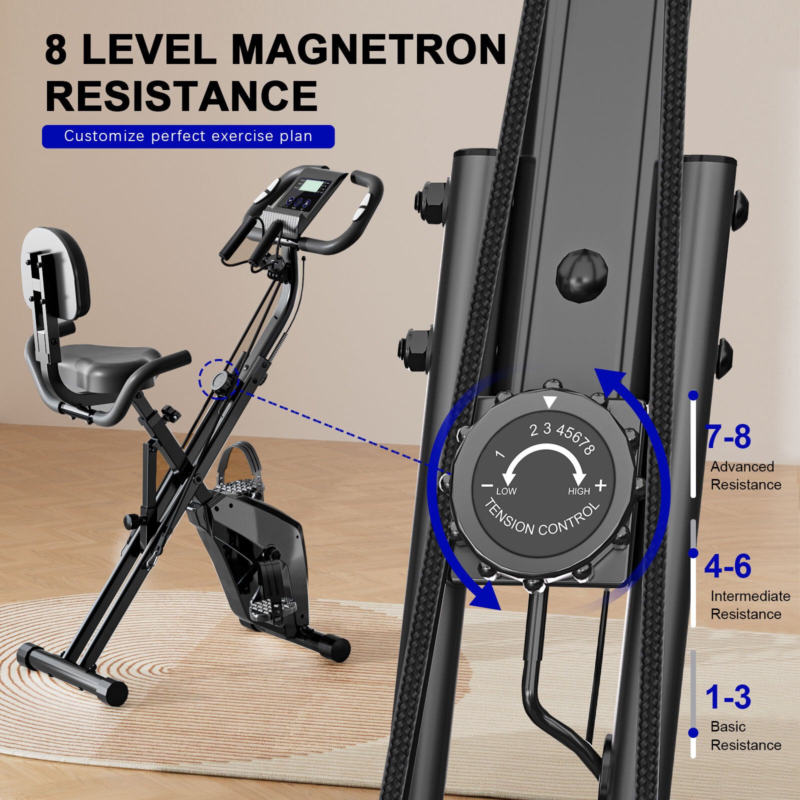 Cyclette pieghevole per la casa - RATTANTREE - Portante 150 kg, portata con resistenza magnetica regolabile e display LCD fitness bike con sensori a pulsazioni manuali - Nero