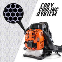 Soffiatore a Zaino 4 Tempi 75,6cc 2.5Kw Professionale schienale ergonomico con tracolle imbottite Max-Comfort e velocità di soffiaggio foglie fino a 320Km/h