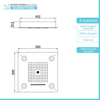 Soffione doccia ad incasso quadrato 50x50 con 3 getti e luci LED