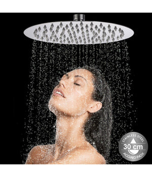 Soffione Doccia Bagno Cascata Tondo 30 Cm Acciaio Ultra Sottile Effetto Pioggia         