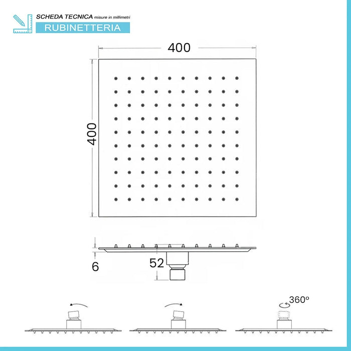 Soffione doccia quadrato 40x40 cm nero opaco in acciaio inox