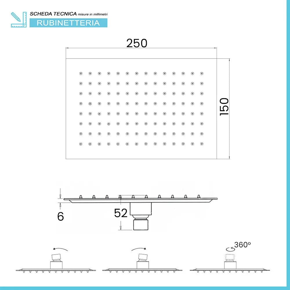 Soffione doccia rettangolare 25x15 cm cromato lucido in acciaio inox