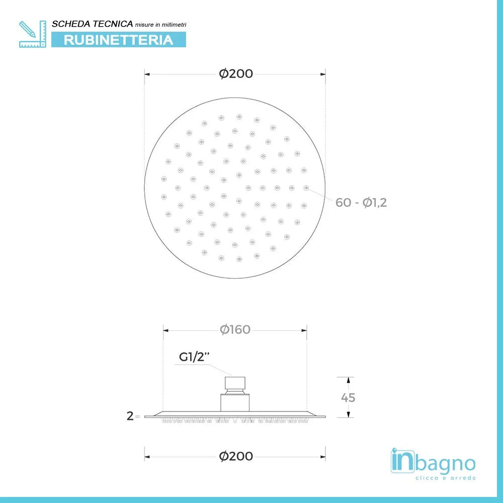 Soffione doccia slim tondo diametro 20 cm in acciaio cromato