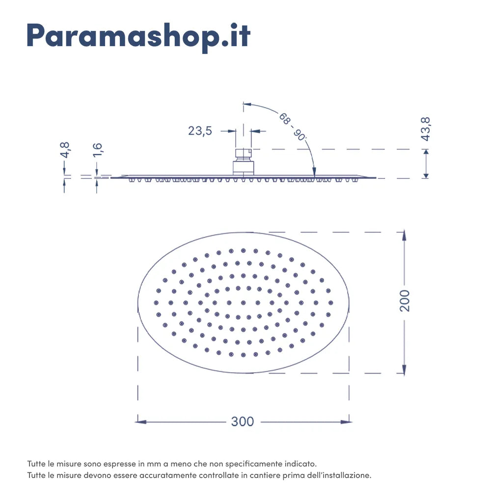 Soffione doccia ovale 30x20cm in accio inox cromato orientabile