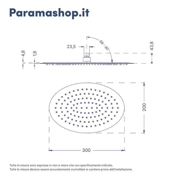 Soffione doccia ovale 30x20cm in accio inox cromato orientabile