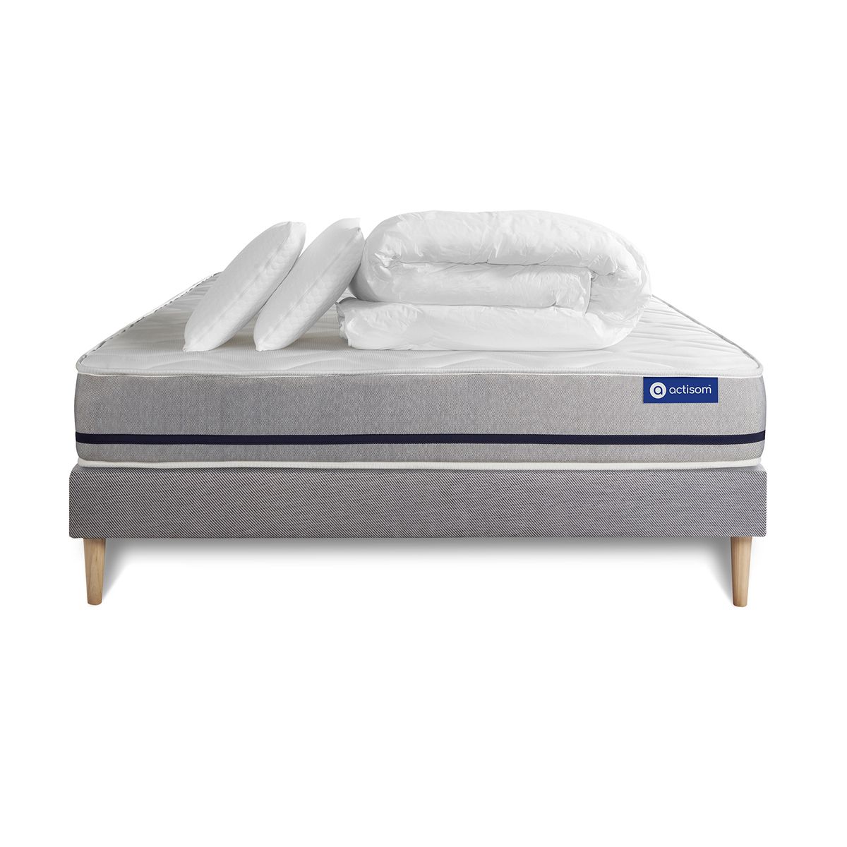 Pacchetto letto completo - Materasso 140x190cm + Box spring con doghe (in kit) + 2 cuscini + Piumino - Actimemo Soft