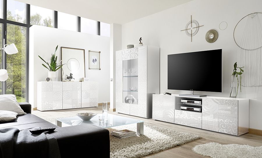 Sala completa di base porta tv, madia 3 ante e vetrina in bianco laccato lucido serigrafato ZLCMRCOMPBI7