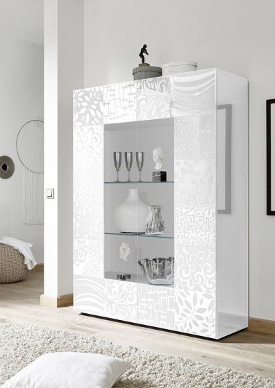 Sala completa di base porta tv, madia 3 ante e vetrina in bianco laccato lucido serigrafato ZLCMRCOMPBI7