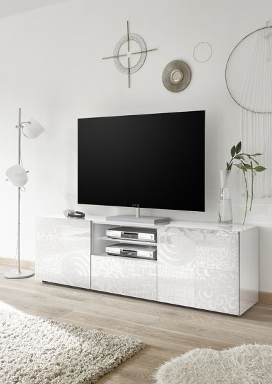 Sala completa di base porta tv, madia 3 ante e vetrina in bianco laccato lucido serigrafato ZLCMRCOMPBI7