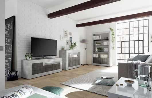 Soggiorno moderno completo con Porta TV, Madia e Libreria, finitura cemento e ossido ZLCURBCOMP1-CO