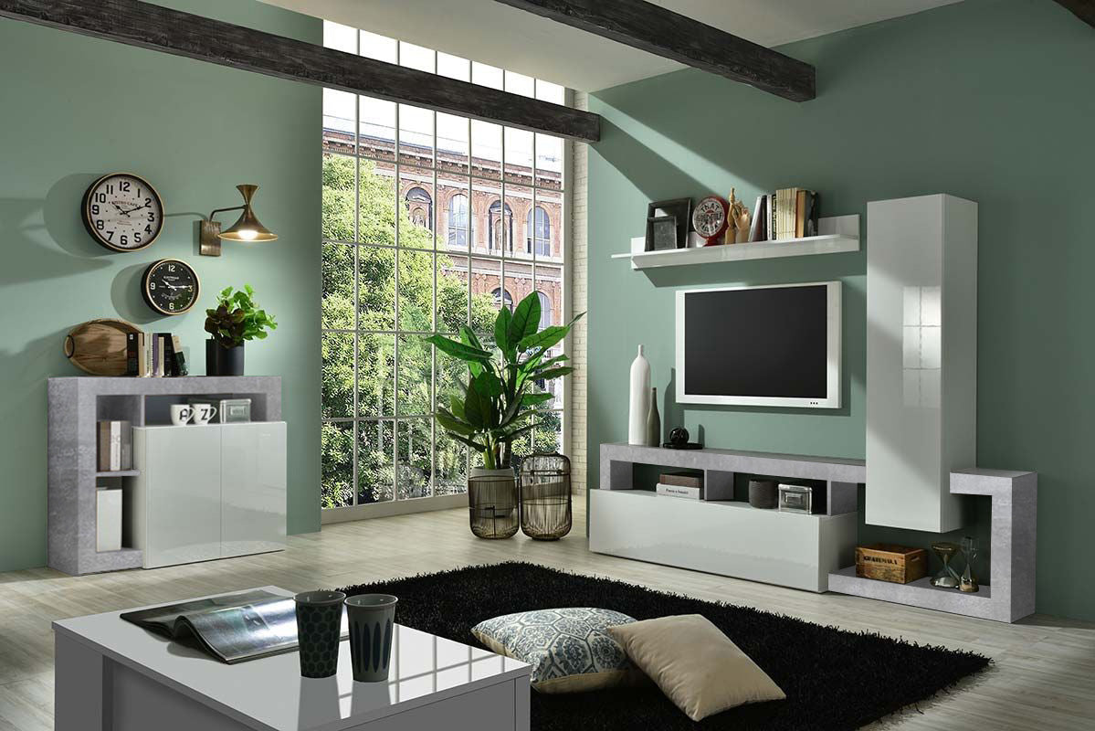 Soggiorno moderno di design composto da parete attrezzata e madia a 2 ante in finitura bianco e Cemento ZLCHNSOG33-CE