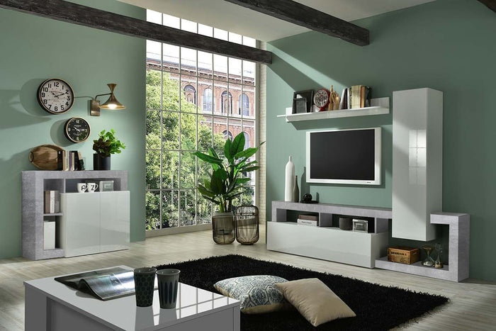 Soggiorno moderno di design composto da parete attrezzata e madia a 2 ante in finitura bianco e Cemento ZLCHNSOG33-CE