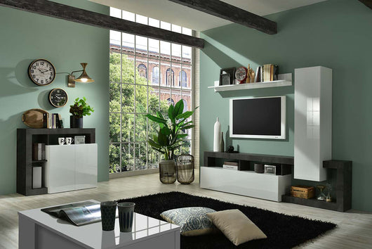 Soggiorno moderno di design composto da parete attrezzata e madia a 2 ante in finitura bianco e ossido ZLCHNSOG33