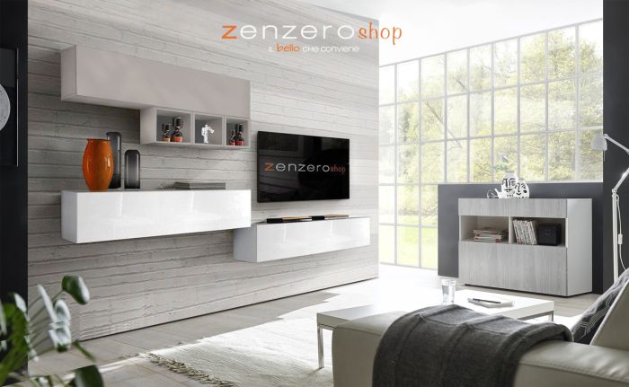 Sala moderna composta da parete attrezzata e madia, finitura Grigio Artico, Gesso e Bianco Lucido, ZLCAINFSAL