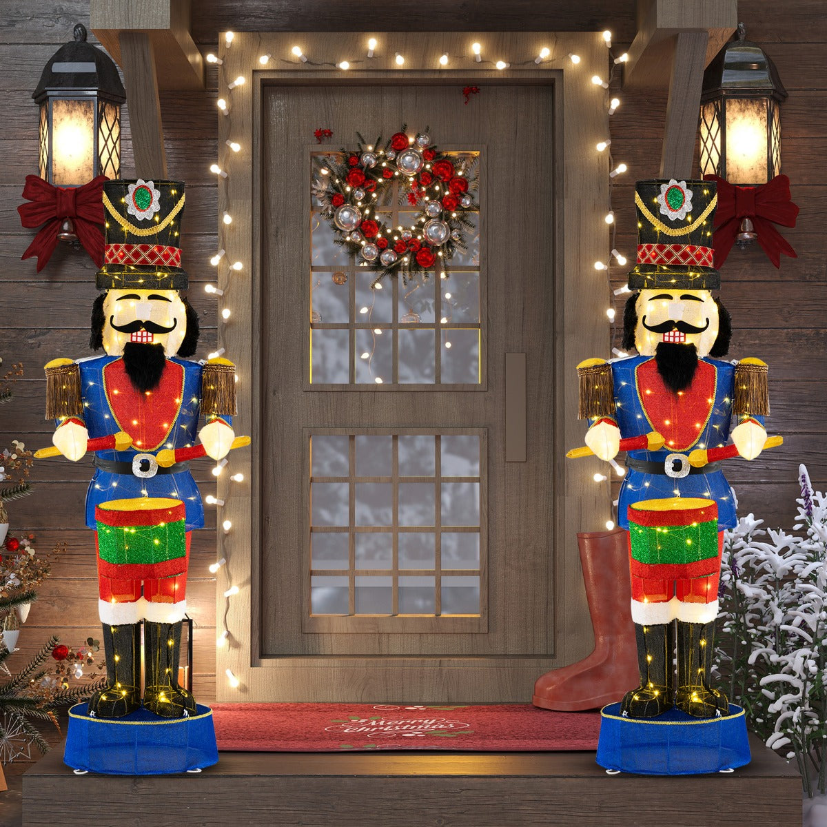 Soldato di Natale 3D alto 185cm con tamburo pre-illuminato, Soldato luminoso di natale con 100 luci LED brillantini-Decorazioni natalizie