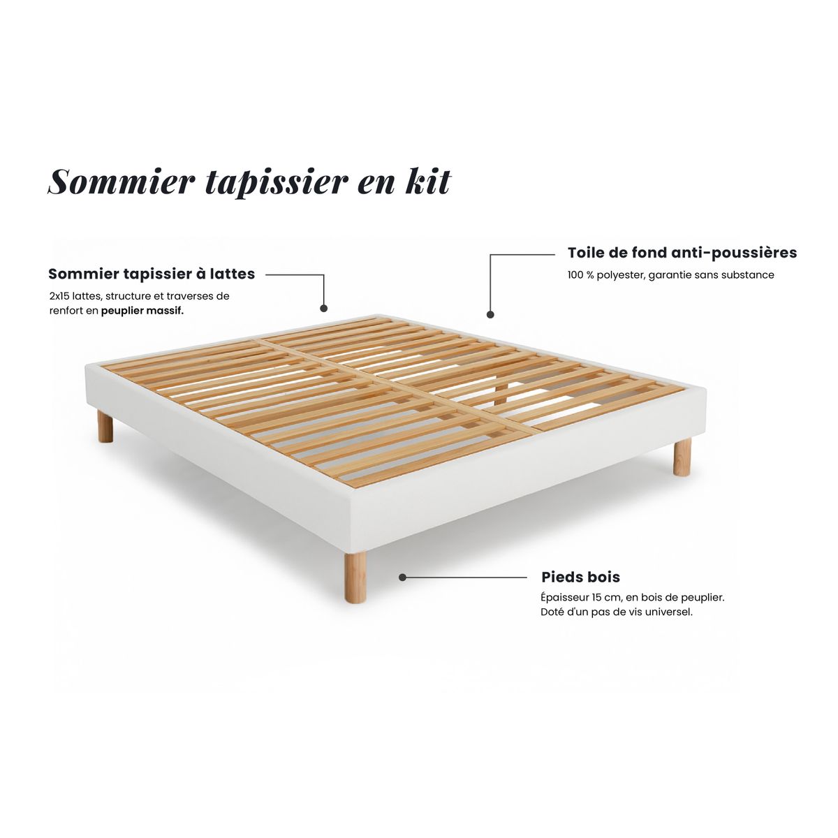 Pacchetto letto completo - Materasso 200x200cm + Box spring con doghe (kit) + 2 cuscini + Piumino - Privilège