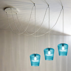 Sospensione vetro blu gea luce numa bt3 bl e27 led lampada soffitto decentramento moderna, finitura metallo bianco