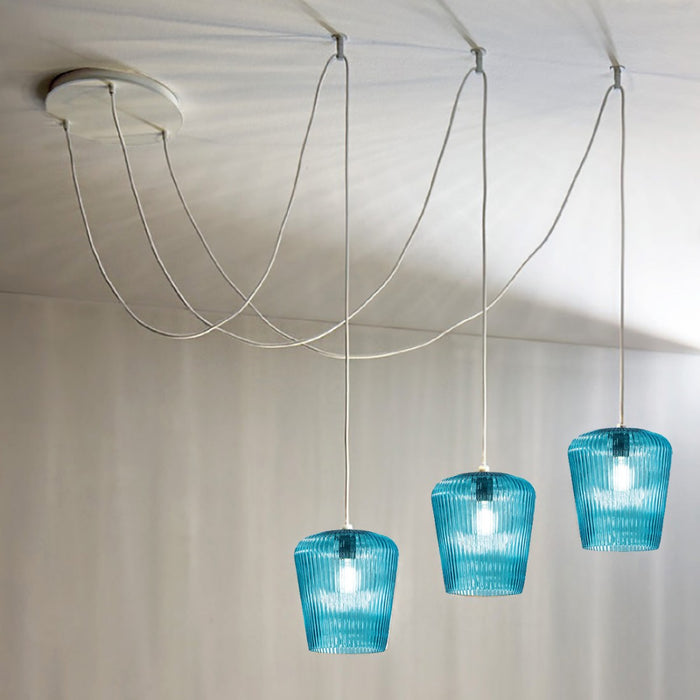 Sospensione vetro blu gea luce numa bt3 bl e27 led lampada soffitto decentramento moderna, finitura metallo bianco