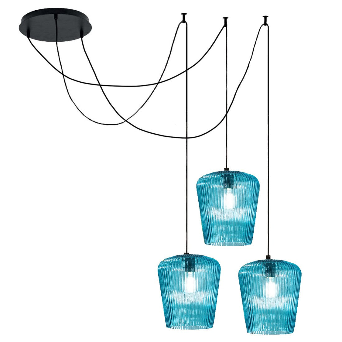 Sospensione vetro blu gea luce numa bt3 bl e27 led lampada soffitto decentramento moderna, finitura metallo nero