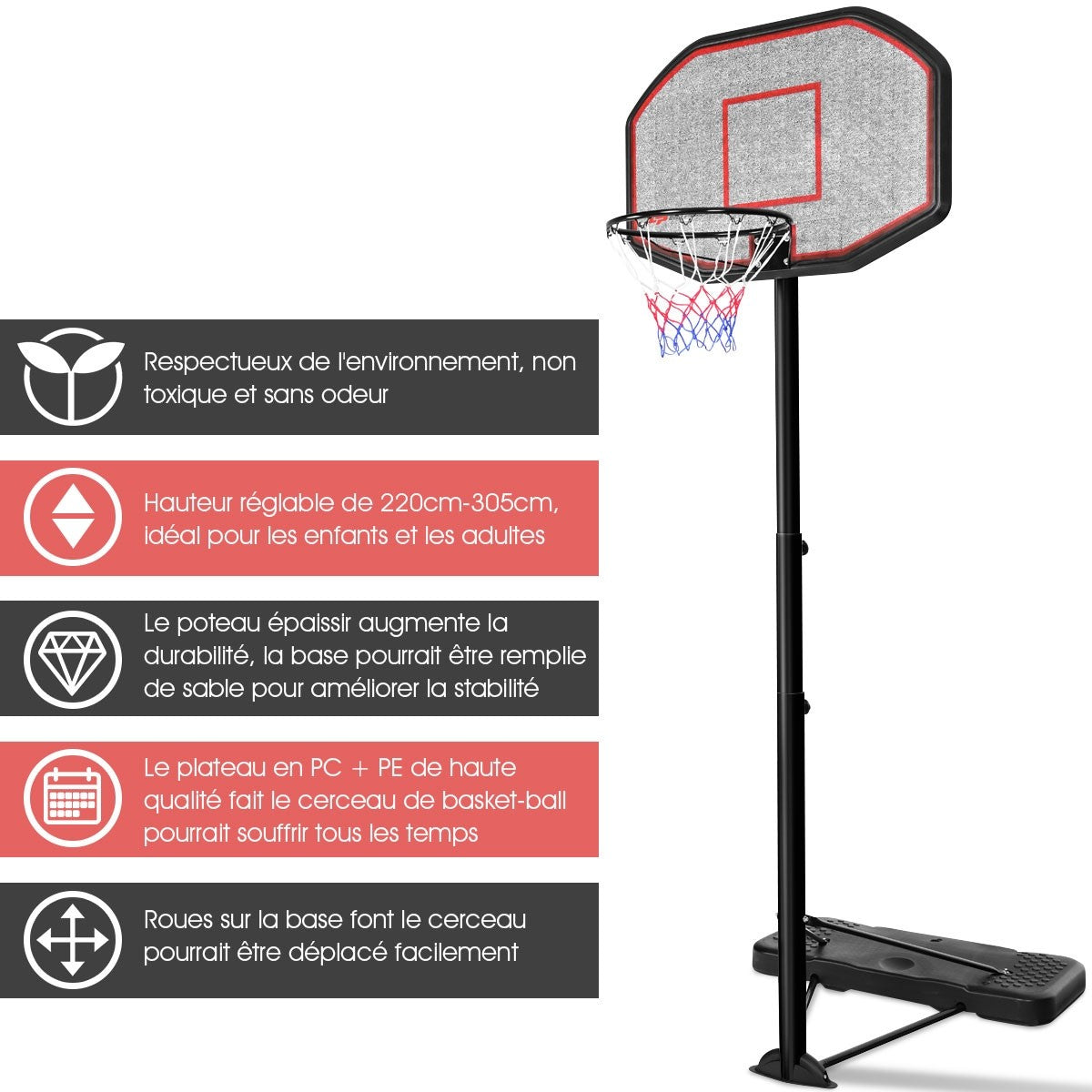 Canestro da basket su supporto mobile regolabile con ruote altezza 220-305 cm 20_0000866