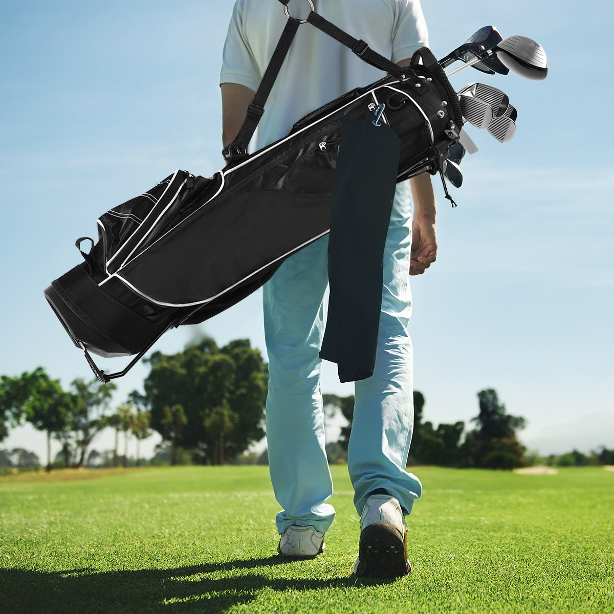 Sacca da golf stand tessuto in poliestere borsa da golf con cavalletto con manici e tracolla Nero-Golf