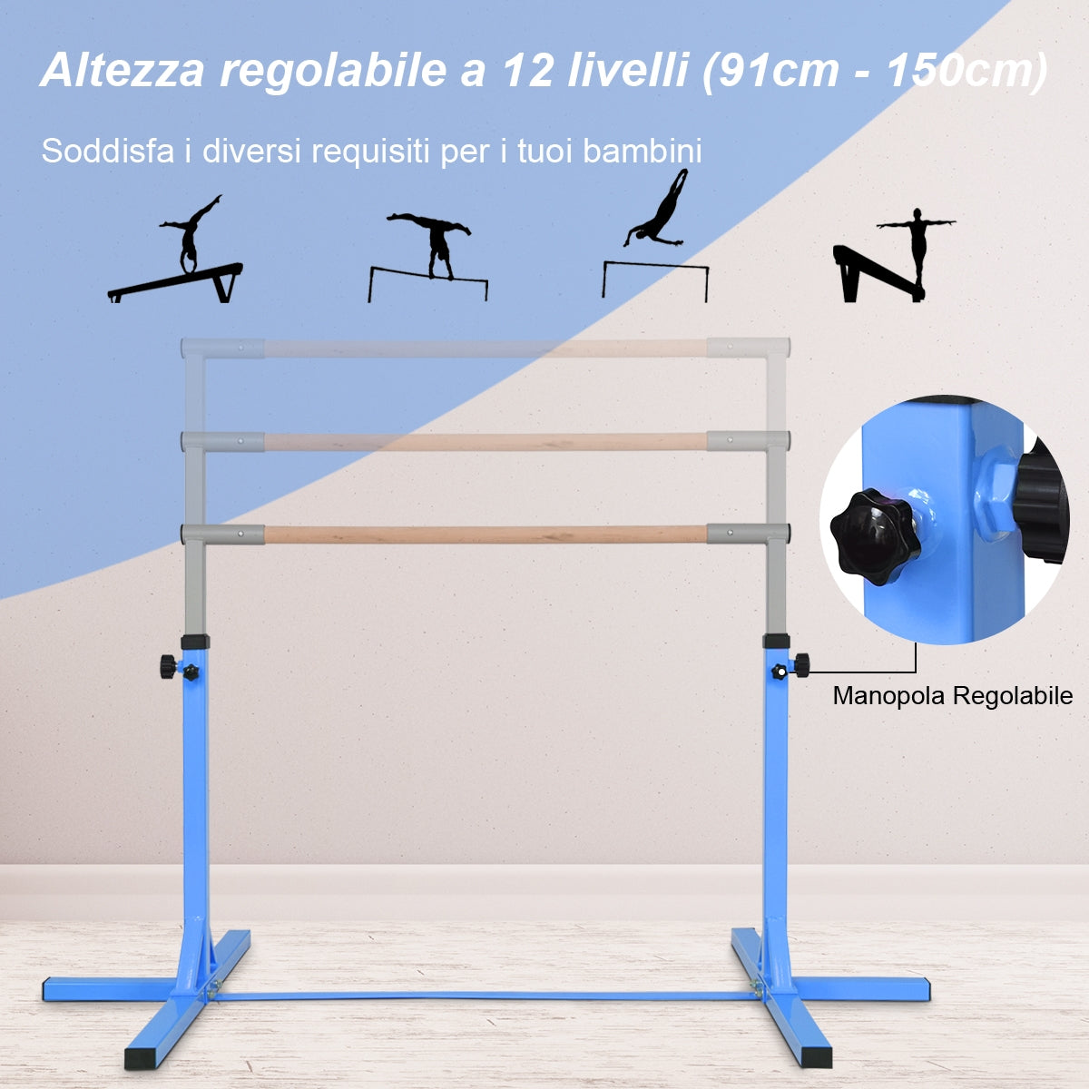 Sbarra da balletto regolabile in altezza a 12 livelli, Sbarra portatile da ginnastica multiuso 200x121x91-150cm Blu-Sbarre da danza