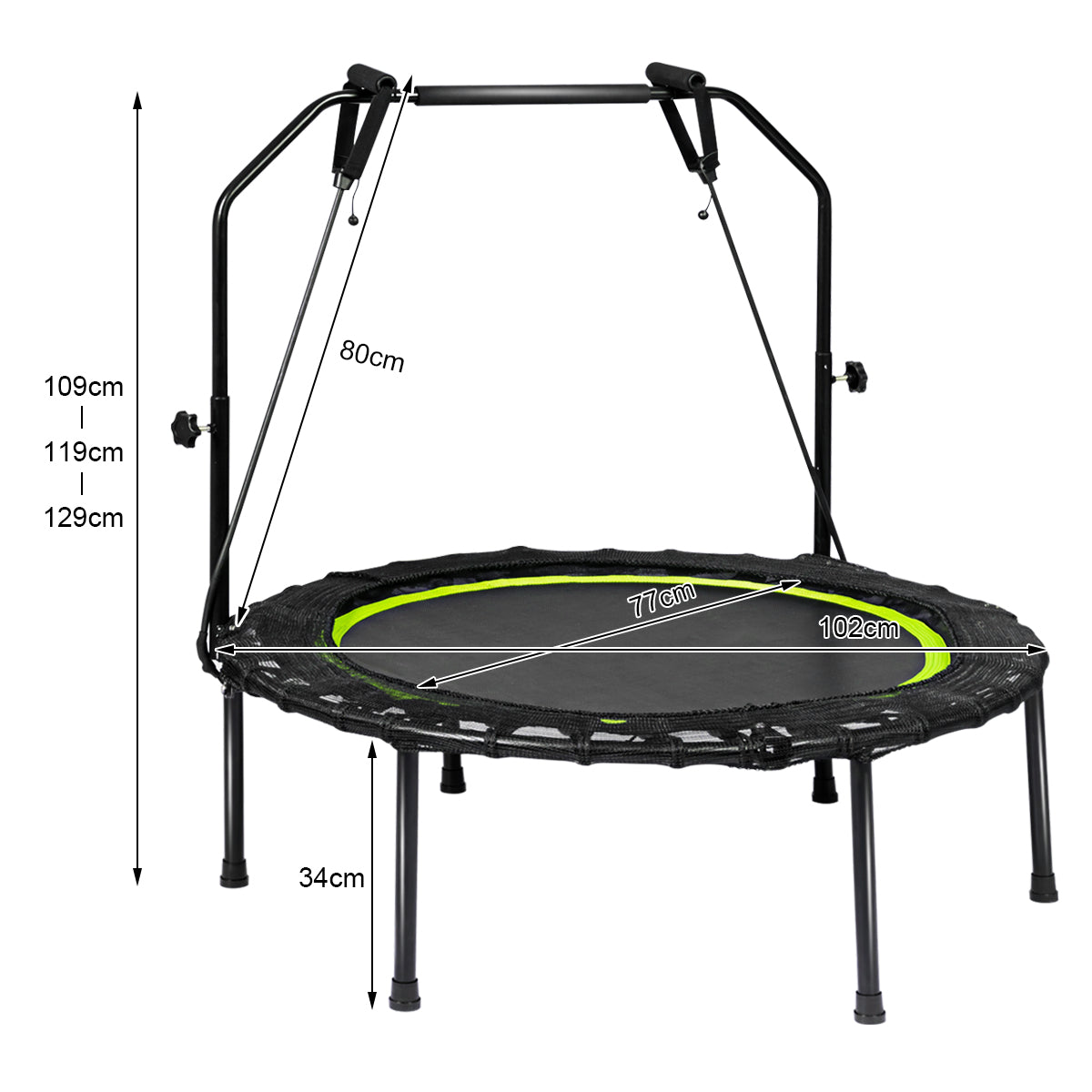 Trampolino pieghevole 101 cm con 2 bande di resistenza per bambini e adulti, Trampolino con maniglia regolabile in altezza Verde-Trampolini