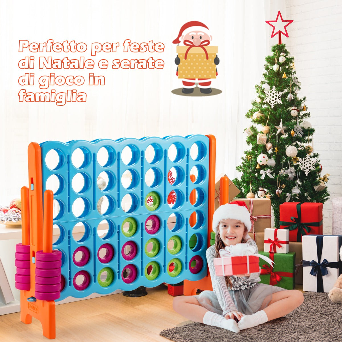 Forza 4 gigante 104cm per bambini e adulti, Gioco da interno ed esterno con 42 pedine e barra Blu e arancione-Giochi esterni