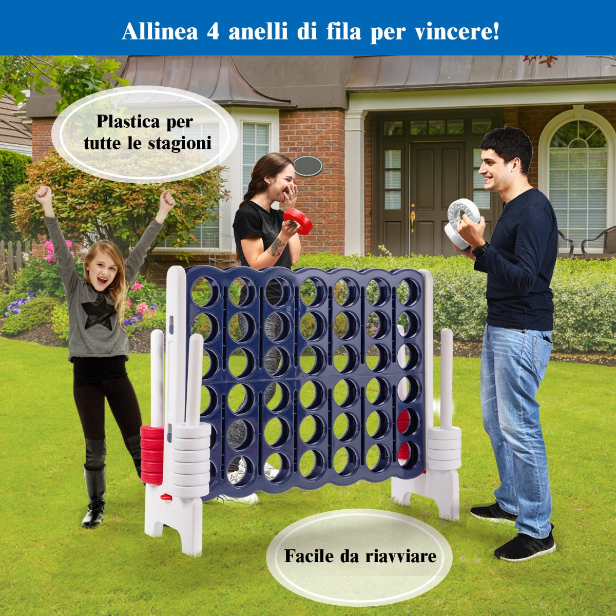 Forza 4 gigante 104cm per bambini e adulti, Gioco da interno ed esterno con 42 pedine e barra Blu e grigio-Giochi su prato