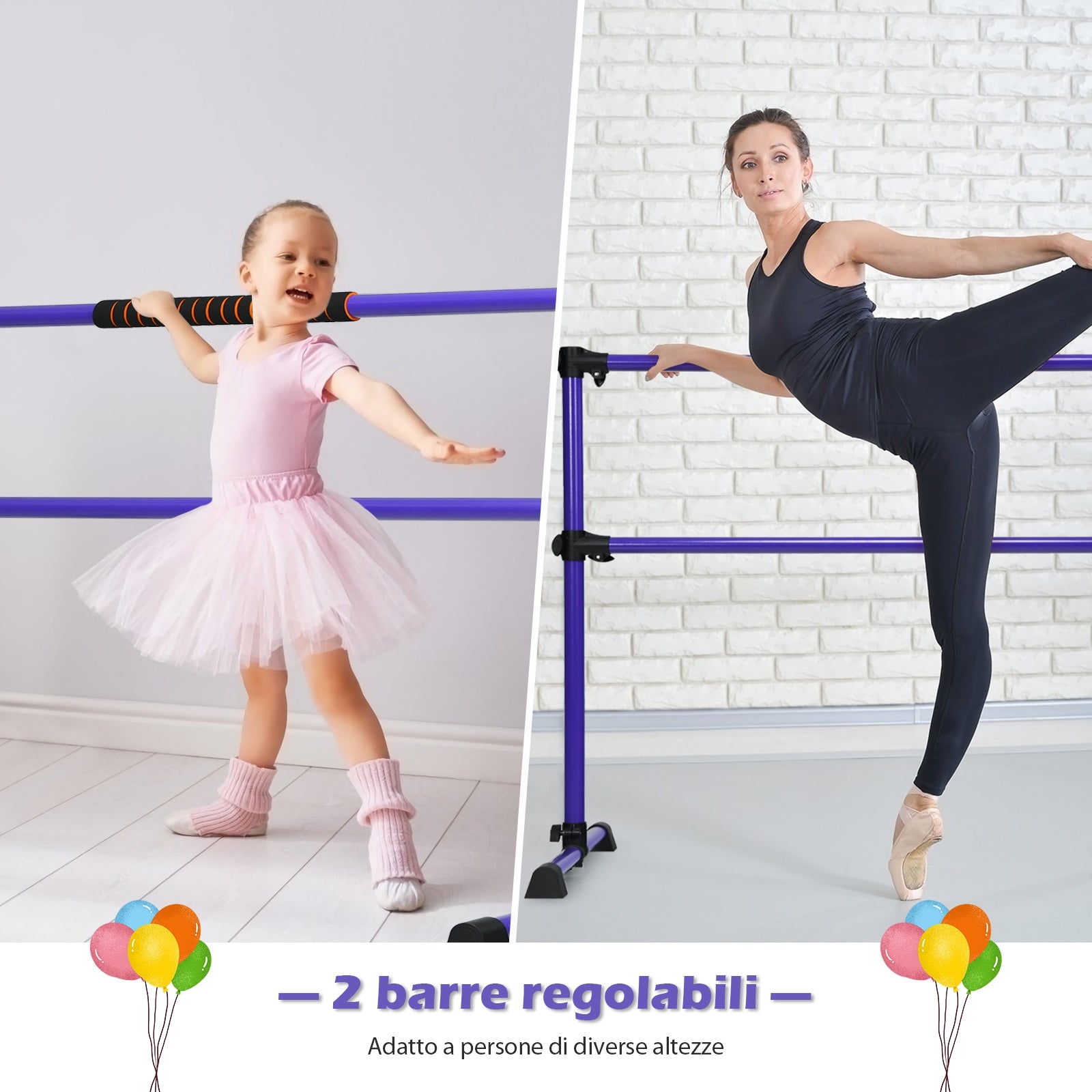 Sbarra danza portatile con altezza regolabile, Doppia sbarra fitness per ballare e allungare i muscoli Viola-Sbarre da danza