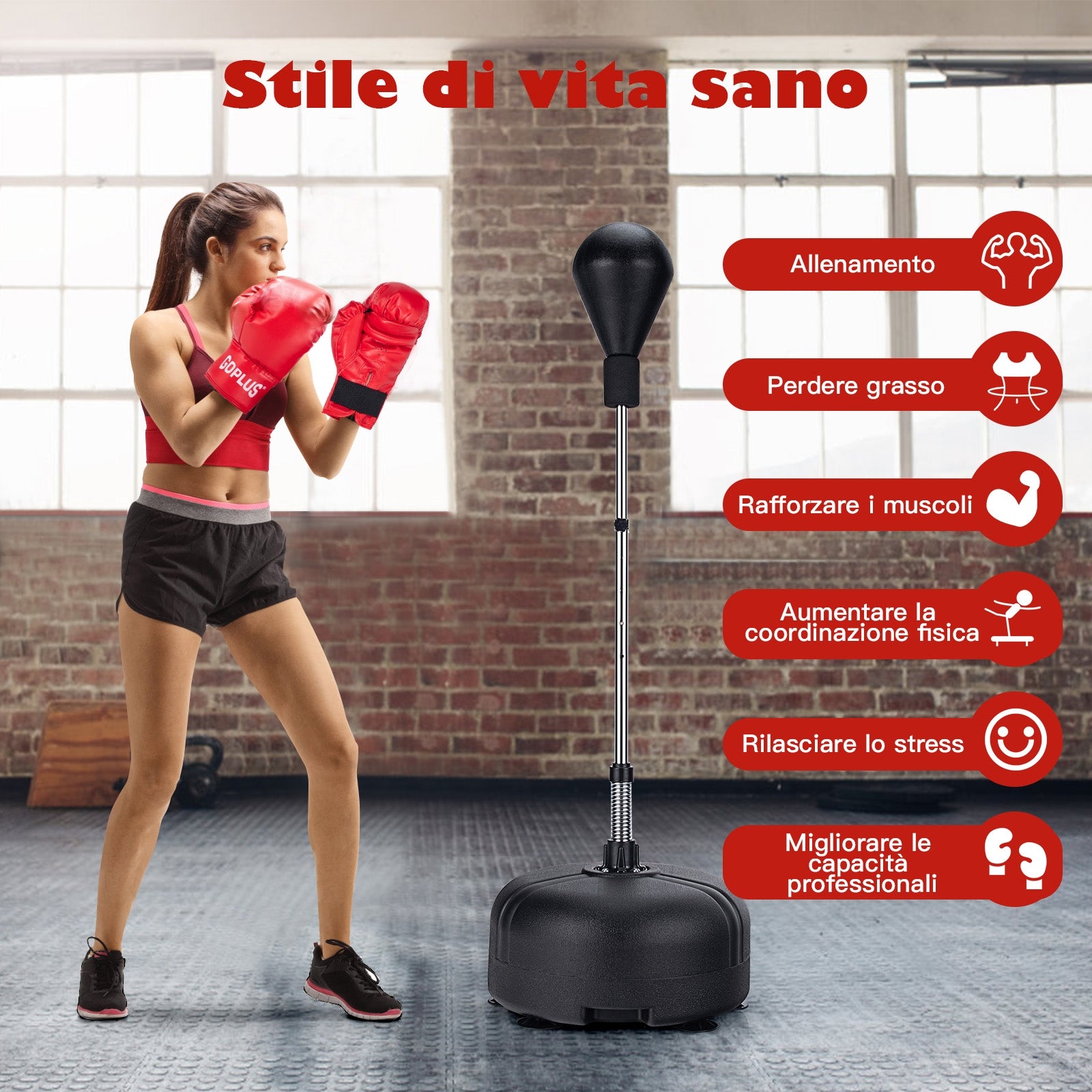 Punching ball per adulti e bambini con altezza regolabile in 4 posizioni, Sacco da boxe con supporto e guanti Nero-Boxe