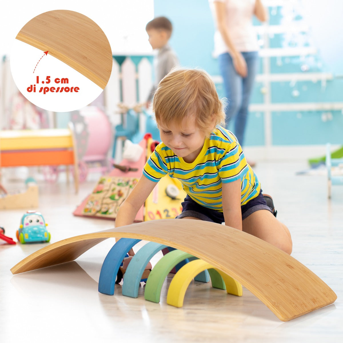 Balance board di bamb¨´ con bordi lucidati per uso interno ed esterno, Tavola oscillante per bambini e adulti-Ginnastica yoga e danza