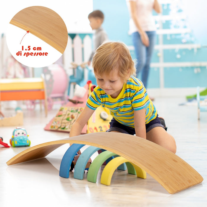 Balance board di bamb¨´ con bordi lucidati per uso interno ed esterno, Tavola oscillante per bambini e adulti-Ginnastica yoga e danza